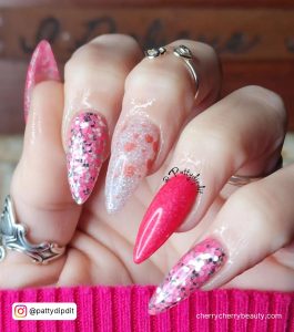 Long Almond Shape Pink Valentine'S Day Nail Art With Pink Glitter, Hot Pink And Light Heart Confetti