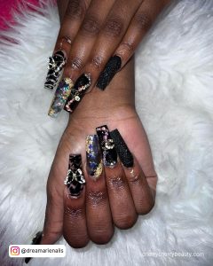 Long Black Acrylic Nails With Butterflies