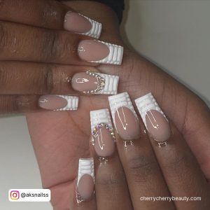 Long Coffin Acrylic Nails With White Tips And Diamonds