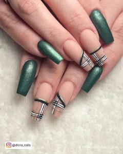 Long Green Acrylic Nails With Check Pattern On Tips