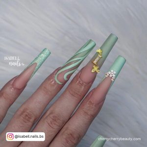 Long Nails Acrylic With Flowers And Swirls