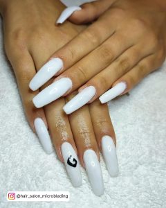 Long Nails White With Design On One Finger