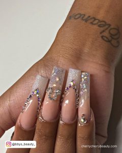 Long Nude And Silver Coffin Nails With French Tip, Glitter And Rhinestones