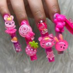 Long Pink Coffin Nails With Cute Pink 3D Nail Decorations Of Teddy Bears, Bunnies And Fruit