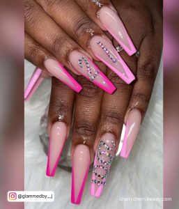 Long Pink Coffin Nails With Hot Pink And Light Pink V Tips And 21 Written In Crystals