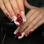 Long Red Acrylic Nails With Flowers And Rhinestones