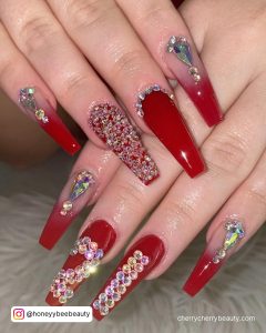 Long Red Coffin Nails With Cuticle Gems, French Tip, Glitter And 21 Written In Crystals