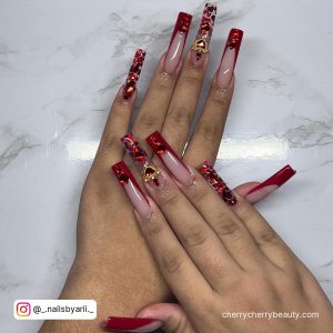 Long Red Glitter Acrylic Valentines Day Nails With Rhinestones
