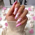 Long Round Tip Light Pink Valentines Day Nails Acrylic With White And Pink Marble Effect And Hearts