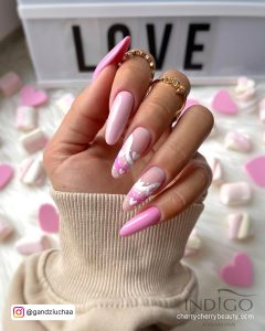 Long Round Tip Light Pink Valentines Nails With White Marble Design And White Hearts