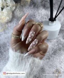 Long Round Tip Nude And White Acrylic Valentine Nails With French Tip And White Heart Design