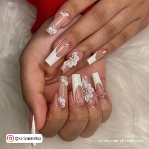 Long Sharp Acrylic Nails With Flowers And White Tips