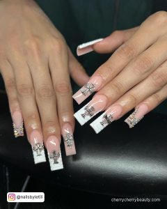 Long Square Acrylic Nails With White Tips And Design