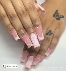 Long Square Nails With Pink And Light Pink Nails With French Tip And Heart Design