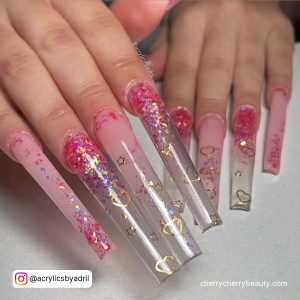Long Square Tip Bright Hot Pink And Light Pink And Clear Nails With Pink Glitter And Gold Heart Design