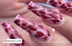 Long Square Tip Coffin Pink Nails With Red Glitter Hearts