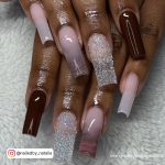 Long Square Tip Dark Brown Nails With Ombre And Silver Glitter