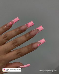 Long Square Tip French Tip Pink Valentine Nails With Pink Swirl Design