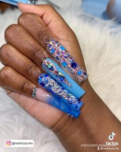 Long Square Tip Light Blue Nails With Ombre, Blue Tip, Water Effect, Rhinestones And Pisces Writing