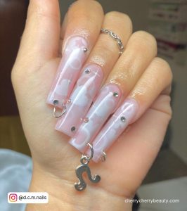 Long Square Tip Light Pink Acrylic Nails With White Cloud Design, Silver Gems And Silver Zodiac Nail Charm
