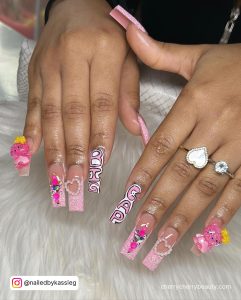 Long Square Tip Light Pink Birthday Nails With White And Pink Writing, 3D Hearts And 3D Pink Nail Decoration