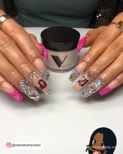 Long Square Tip Nails With Hot Pink Tips, Silver Glitter, Rhinestones, Glitter Tip And 21 Written In Hot Pink On One Nail
