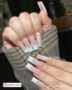 Long Square Tip Nude And White French Tip Valentine'S Day Acrylic Nails With Xo Design In White