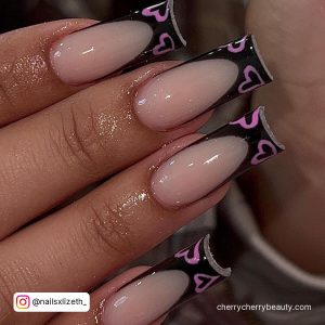 Long Square Tip Nude Nails With Black French Tip With Pink Heart Outlines