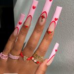 Long Square Tip Nude Nails With Light Pink French Tip And Red Heart Designs