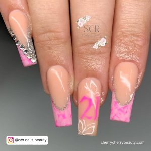 Long Square Tip Nude Nails With Pink Tips, Butterfly Design And 21 Written In Pink
