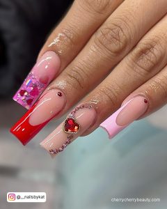 Long Square Tip Pink And Red French Tip Nails With Pink Glitter And Red Rhinestones