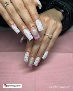 Long Square Tip Pink And White Valentines Day Nails With Small Pink Hearts On White Nails And Silver Glitter