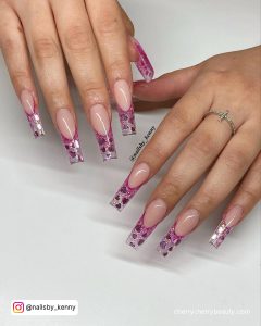 Long Square Tip Pink Glitter Tip Valentine'S Day Nails Acrylic With Nude Base