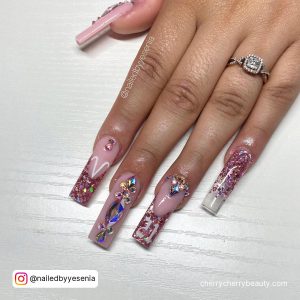 Long Square Tip Pink Nails With Dark Pink Glitter Tip, Rhinestones And 21 Written In Negative Space