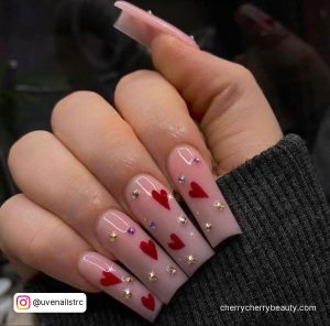 Long Square Tip Pink Nails With Red Hearts And Silver Gems On