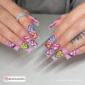 Long Square Tip Pink Valentine Nail Art With Colorful Love Heart Designs