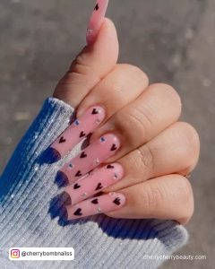 Long Square Tip Pink Valentines Nails With Small Red Hearts