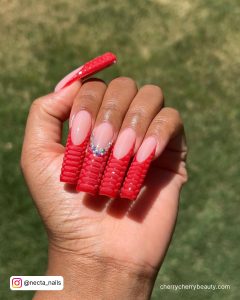 Long Square Tip Red French Tip Nails With 3D Tips And Silver Gems