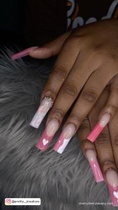 Long Square Tip Valentine Nails Pink And White With French Tip Design And White Hearts