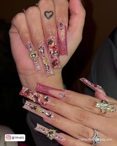 Long Square Tip Valentines Acrylic Nails With Rhinestones And Pink Glitter