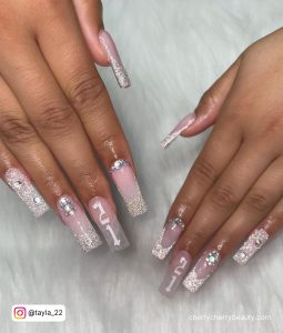 Long Square Tip White Glitter Nails With Silver Rhinestones, French Tip And 21 Written In White On One Nail