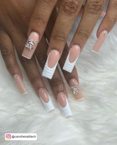 Long Square White Nails With Nude Base And Diamonds