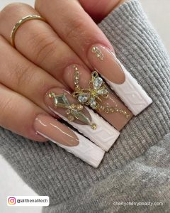 Long White Acrylic Nails With Butterflies And Diamonds