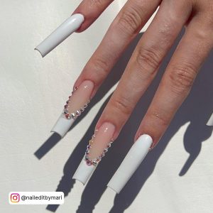 Long White Coffin Nails With Diamonds