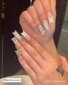 Long White Coffin Nails With Rhinestones For Sparkly Night