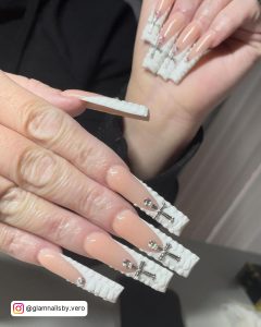 Long White Square Nails With Nude Base