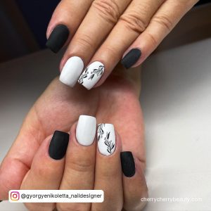 Matte Black And White Coffin Nails With Design