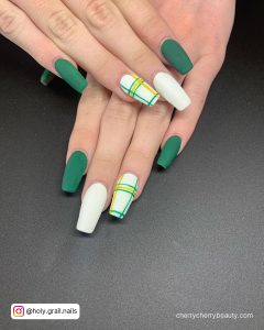 Matte White Nail Designs Combination With Green Color