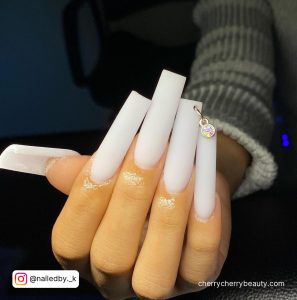 Matte White Nails With Embellishment