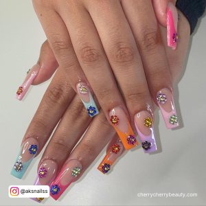Medium Length Coffin Acrylic Nails With Multi-Colored Flowers
